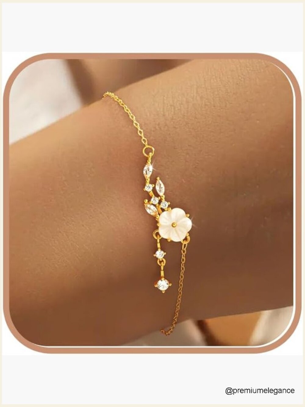 925 Sterling Silver White Shell Flower Charm Bracelet with CZ Leaves Dainty
